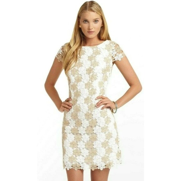 Lilly Pulitzer Dresses & Skirts - Lilly Pulitzer White Gold Floral Lace Shift Dress Cap Sleeve V-Back Mini Size 8